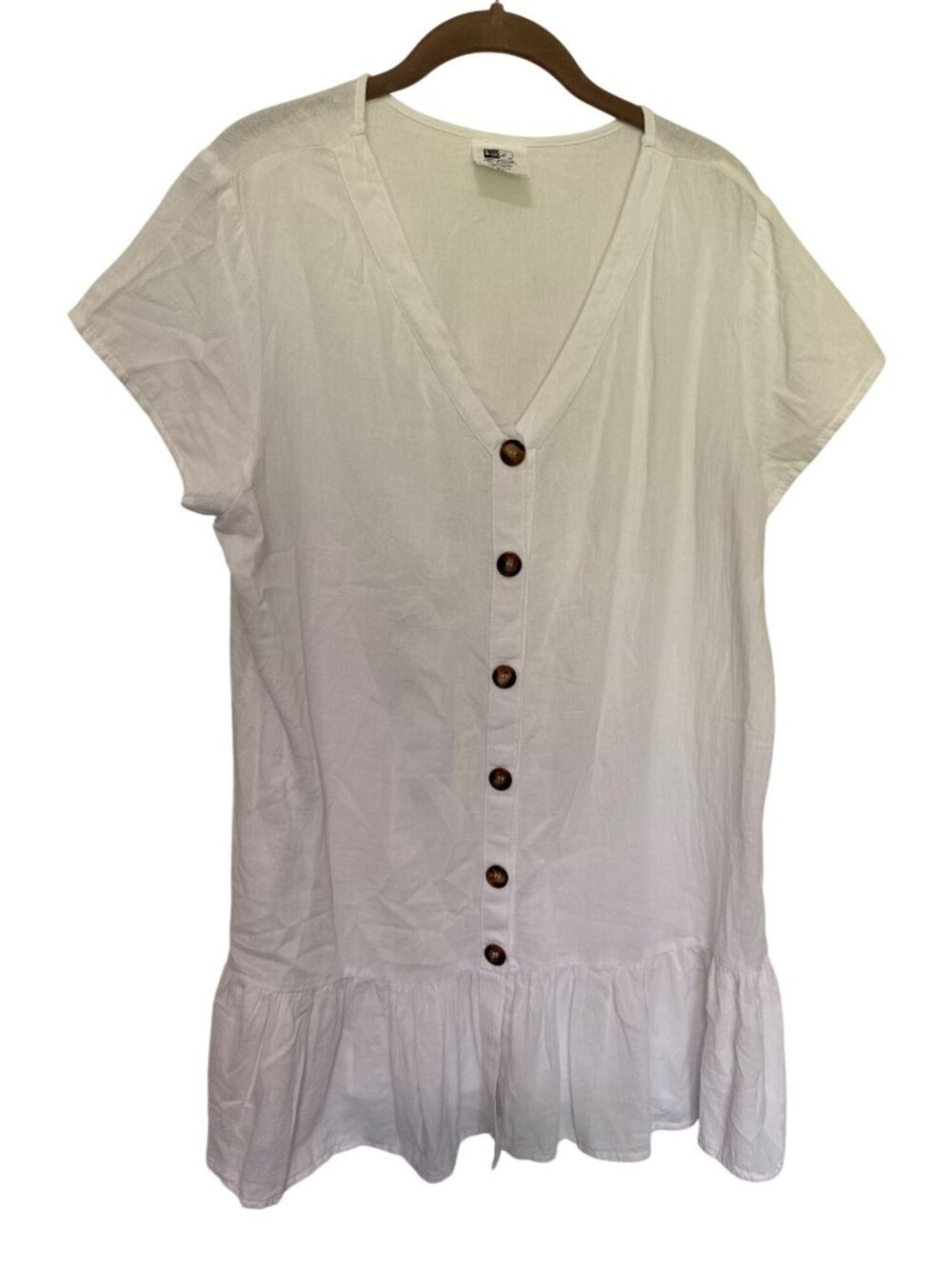 Mr Buho Tunic Top White Cotton Ruffle Bottom V Neck Buttons Womans XL